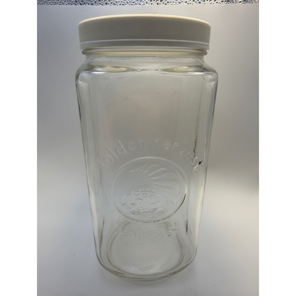 Golden Harvest Glass Canister Clear Embossed Cornucopia Jar White Lid 9.25in